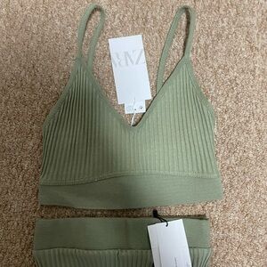 Sage Green matching cotton Ribbed Bra top & midi pencil skirt set